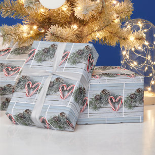 Papier Cadeau Cœur de Noël en canne de bonbon et pin