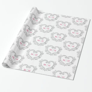 Papier Cadeau Coeur monogramme argent baie rouge blanc mariage