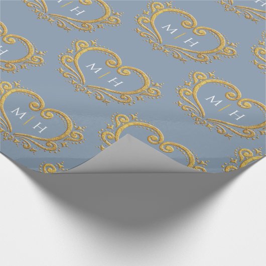Papier Cadeau Coeur monogramme or sur mariage bleu poussiéreux (Coin)