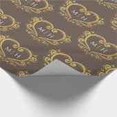 Papier Cadeau Coeur monogramme or sur mariage brun foncé (Coin)