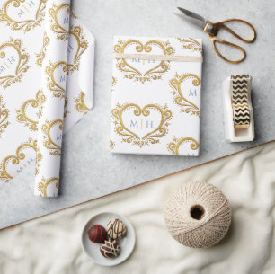Papier Cadeau Coeur or sur mariage monogramme bleu poussiéreux b