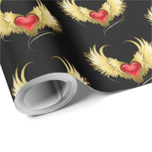 Papier Cadeau Coeur rouge avec ailes d'or
