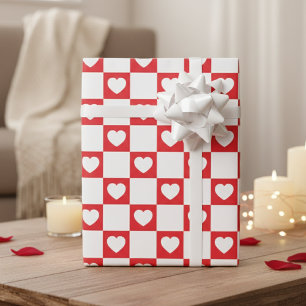 Papier Cadeau Cœur Rouge Et Blanc Damier Avec Des Cœurs
