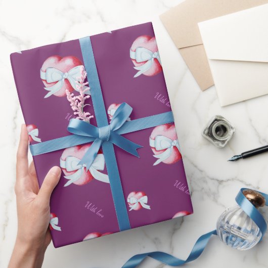 Papier Cadeau coeur rouge lié avec ruban blanc romantique (Cadeaux)