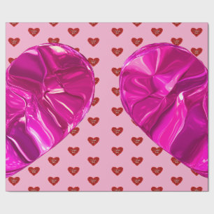 Papier cadeau cœur rouge sur fond rose amour