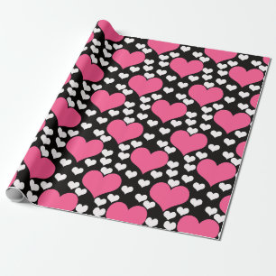 Papier Cadeau Cœurs blancs roses sur fond noir