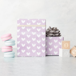 Papier Cadeau Cœurs blancs sur lin lavande clair