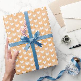 Papier Cadeau Cœurs blancs sur lin orange clair