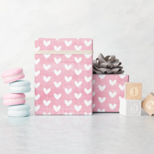 Papier Cadeau Cœurs blancs sur lin rose