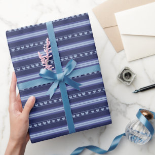 Papier Cadeau Cœurs bleu foncé et bleu clair à rayures