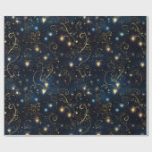 Papier Cadeau Coeurs brillants cosmiques élégants en bleu et or (Plat)