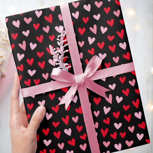 Papier Cadeau Coeurs d'amour mignons rose, rouge et noir Valenti