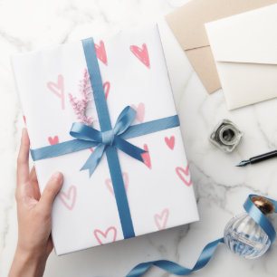 Papier Cadeau Coeurs d'Amour Moderne Blanc et Rose Joyeux Valent