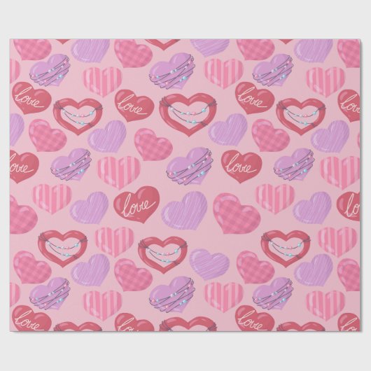 Papier Cadeau Coeurs d'amour rose, rouge et violet (Plat)