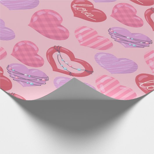 Papier Cadeau Coeurs d'amour rose, rouge et violet (Coin)
