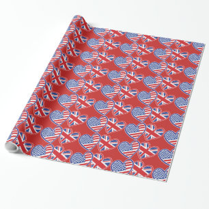 Papier Cadeau Cœurs de drapeaux USA et UK pour l'amour