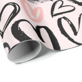 Papier Cadeau Coeurs de jour de valentines noires et roses migno (Coin rond)