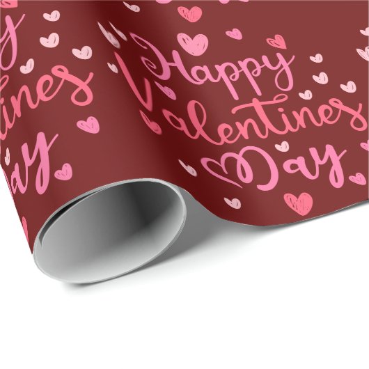 Papier Cadeau Coeurs de script Heureuse Sainte-Valentin rouge ro (Coin rond)
