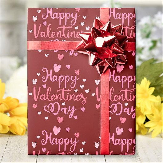 Papier Cadeau Coeurs de script Heureuse Sainte-Valentin rouge ro