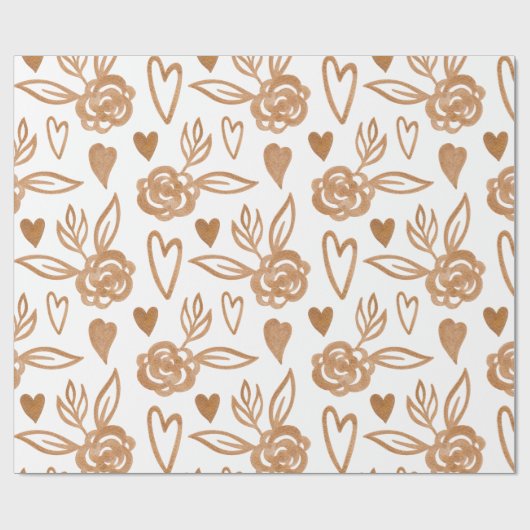 Papier Cadeau Coeurs d'or, fleurs et feuille (Plat)