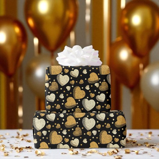 Papier Cadeau Coeurs d'or, Noir élégant, Fête de luxe