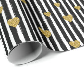 Papier Cadeau Coeurs D'Or Sur Bandes Noires Et Blanches (Coin rond)