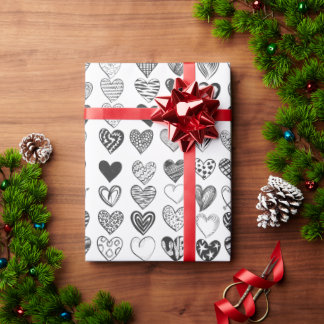 Papier Cadeau Coeurs en noir et blanc