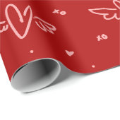 Papier Cadeau Cœurs et ailes sur fond rouge (Coin rond)