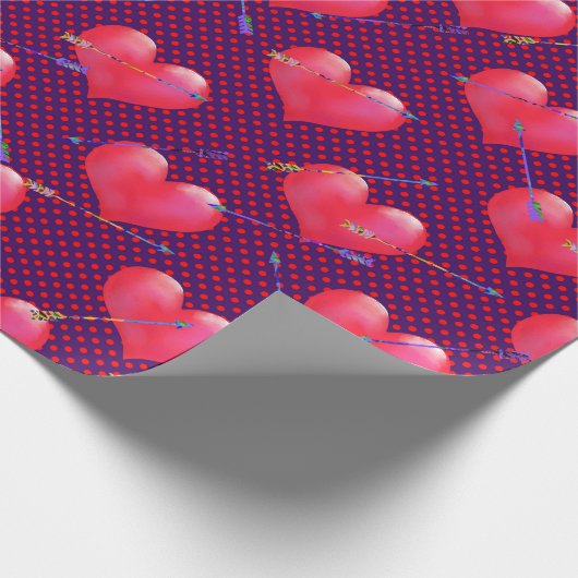 Papier Cadeau Coeurs et flèches satinées rouges Saint-Valentin (Coin)