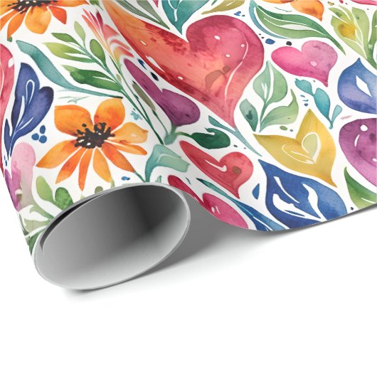 Papier Cadeau Coeurs et fleurs colorés (Coin rond)