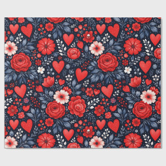 Papier Cadeau Cœurs et Fleurs Fantaisistes