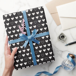 Papier Cadeau Coeurs géométriques minimalistes noirs blancs