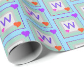 Papier Cadeau Coeurs monogrammes amusants Turquoise, rose, viole (Coin rond)