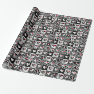 Papier Cadeau Coeurs Noir Blanc Patchwork Sans Couleur.