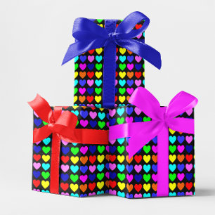 Papier Cadeau Coeurs noirs et multicolores
