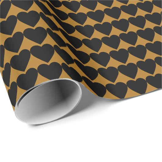Papier Cadeau Cœurs noirs sur fond or mat (Coin rond)
