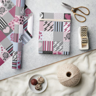 Papier Cadeau Cœurs Patchwork Rose et Gris