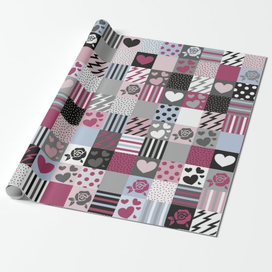 Papier Cadeau Cœurs Patchwork Rose & Gris (Déroulé)