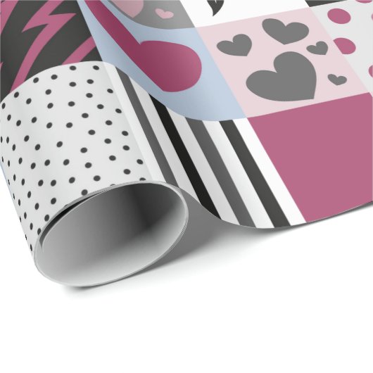 Papier Cadeau Cœurs Patchwork Rose & Gris (Coin rond)