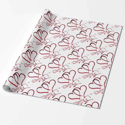 Papier Cadeau Cœurs pour toujours rouges sur fond blanc (Déroulé)