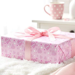 Papier Cadeau Cœurs Rose Pâle Et Nom