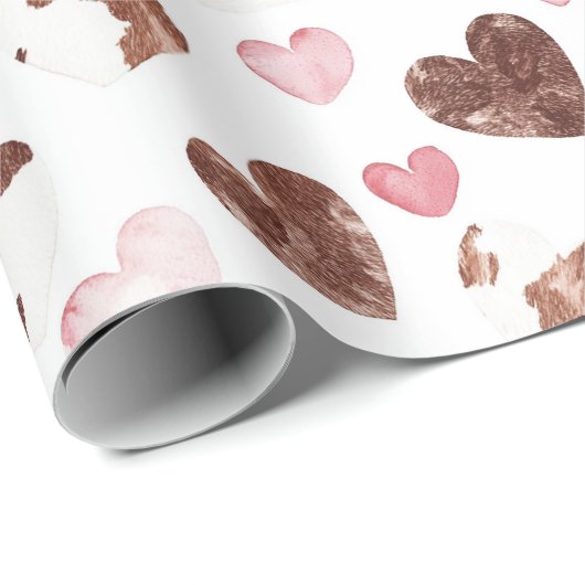 Papier Cadeau Cœurs roses Anniversaire imprimé vache marron Coco (Coin rond)