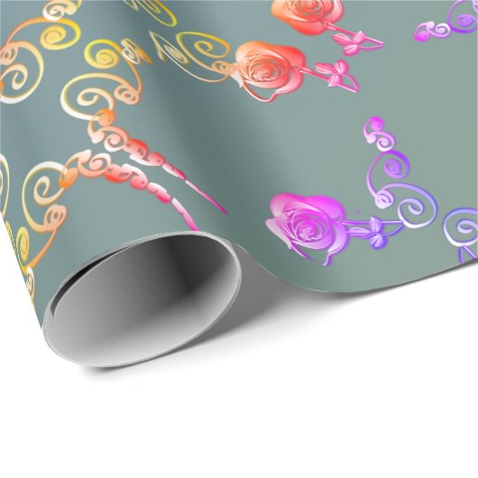 Papier Cadeau Coeurs Roses Faberge sur Pale Blue Moss Wrapping P (Coin rond)