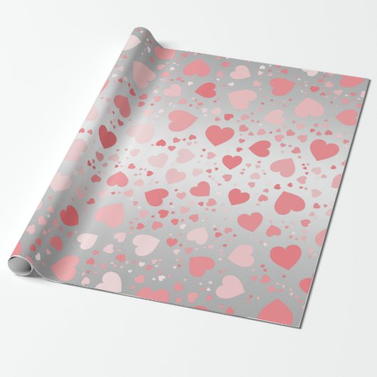 Papier Cadeau Coeurs roses sur argent (Déroulé)