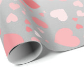 Papier Cadeau Coeurs roses sur argent (Coin rond)