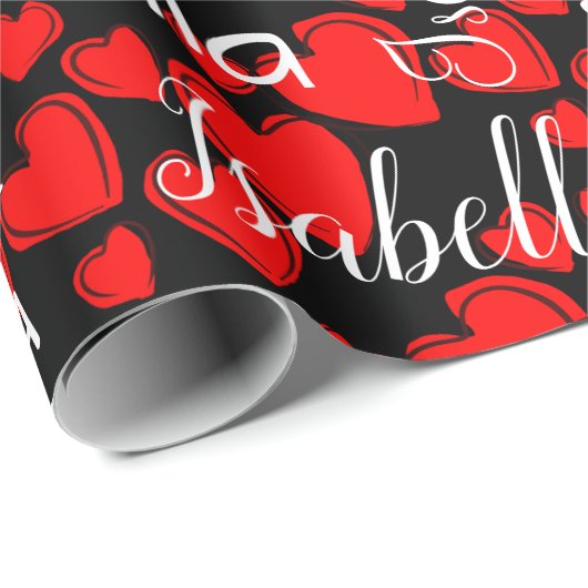 Papier Cadeau Coeurs rouges avec nom personnalisé (Coin rond)