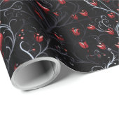 Papier Cadeau Cœurs rouges gothiques gris métal lignes fines (Coin rond)