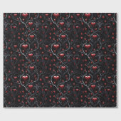 Papier Cadeau Cœurs rouges gothiques gris métal lignes fines (Plat)