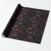 Papier Cadeau Cœurs rouges gothiques gris métal lignes fines (Déroulé)