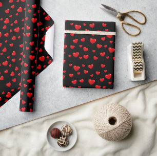 Papier Cadeau Coeurs rouges sur noir
